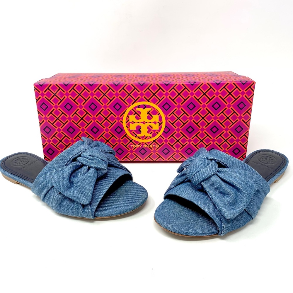 Tory Burch $258 Denim Chambray Open Toe Large Bow Slides Sandals Flats 5.5